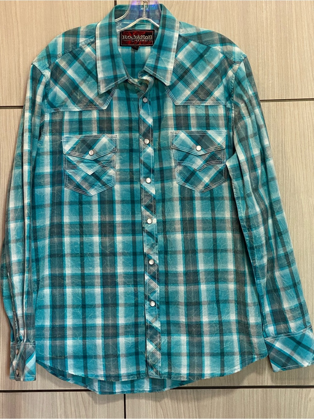 Rock & Roll Cowboy Pearl Snap Front Long Sleeve Plaid Shirt Men's Large
